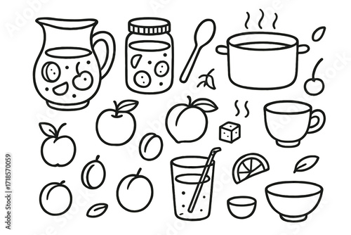 Summer Fruit Doodles. Hand-drawn doodle illustration summer compote pitcher, glass jar, spoon, apple, peach, apricot, plum, cherry, sugar cube, lemon slice,