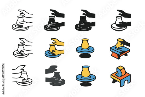 Pottery Wheel Logo Variations. Set Logo of Handicrafts: Pottery Wheel. Logo set in vector style, emblematic variations. line, bold thick line, solid black
