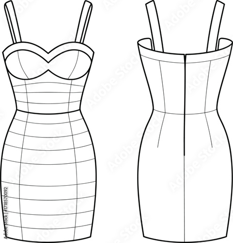 Stylish women’s bodycon dress fashion flat sketch, technical garment design template with sweetheart neckline, bustier top, sewing pattern illustration