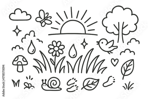 Sunrise Meadow Doodle. Hand-drawn doodle illustration Dewy meadow at sunrise [grass patch, flower, droplet, sun rays, tree, bird, butterfly, cloud, star,