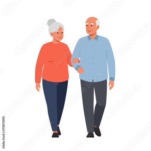 An elderly couple walks arm-in-arm, the woman in orange and the man in blue, against a white background, symbolizing companionship and aging.