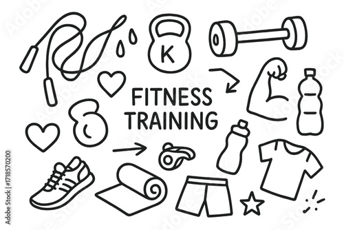 Fitness Doodle Icons. Hand-drawn doodle illustration Fitness training with jump rope jump rope, kettlebell, dumbbell, sneakers, stopwatch, sweat drops, mat,