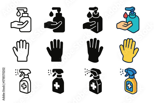 Infection Control Icons. Icon Set of Infection Control: Hand sanitizer, Gloves, Disinfectant spray. Icons set in vector style, emblematic variations. Hand