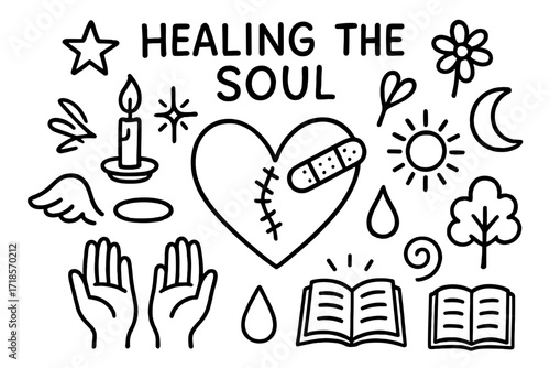 Healing Symbols Doodle. Hand-drawn doodle illustration Healing the soul heart stitched, bandage, candle, star, spark, flower, sun, moon, wings, hands, tear