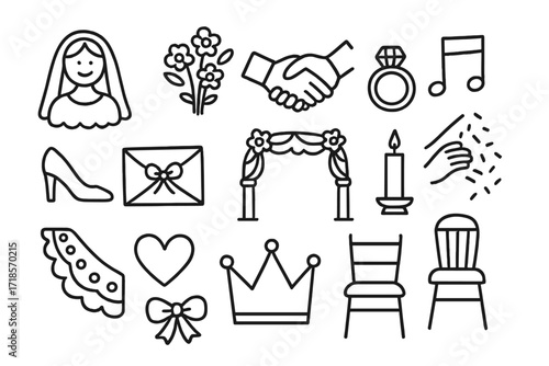 Wedding Elements Doodle. Hand-drawn doodle illustration traditional wedding ceremonies veil, flowers, joined hands, ring, music note, bride's shoe, gift