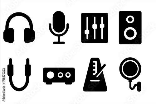 Recording Equipment Icons. Solid, filled icon set of recording accessories: headphones, microphone, mixer, speakers, cables, audio interface, metronome, pop