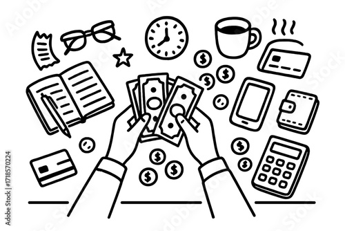 Money Management Doodles. Hand-drawn doodle illustration counting money on a table hands, bills, coins, calculator, notebook, pen, wallet, credit card,