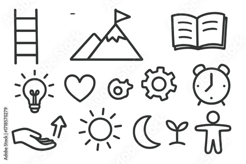 Self-Improvement Journey Icons. Hand-drawn doodle illustration self improvement ladder, mountain peak, flag, star, book, light bulb, heart, gear, clock, arrow