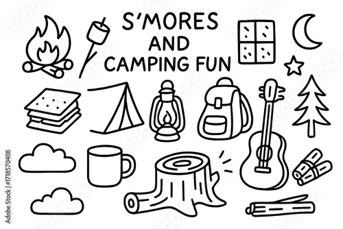 Camping Doodles. Hand-drawn doodle illustration S?mores and camping fun [campfire, marshmallow on stick, chocolate bar, graham cracker, tent,