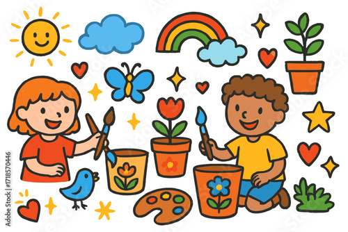 Kids Colorful Garden Art. Colorful Hand-drawn doodle Children illustration Kids Painting Flower Pots children painting, clay pots, paintbrush, paint palette,