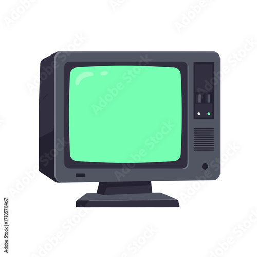 Illustration of a vintage computer monitor with a green screen, isolated on white.