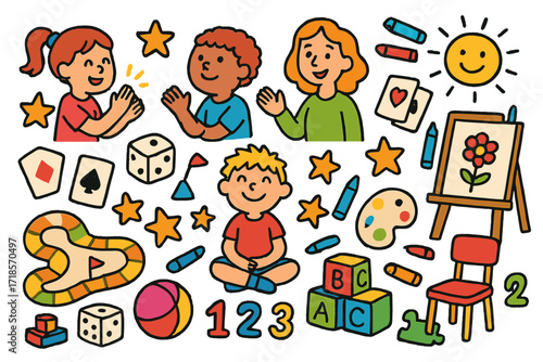 Playful Learning Scene. Colorful Hand-drawn doodle Children illustration Group Game Learning kids clapping, dice, cards, stars, board game, smiley face,