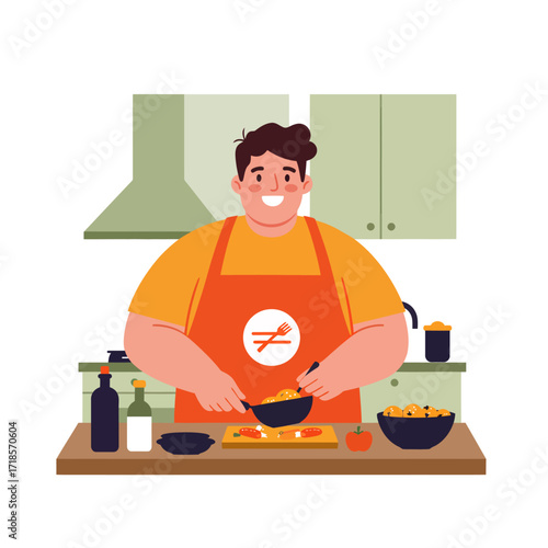 Smiling man in an orange apron cooking food in a kitchen, chopping vegetables on a cutting board.