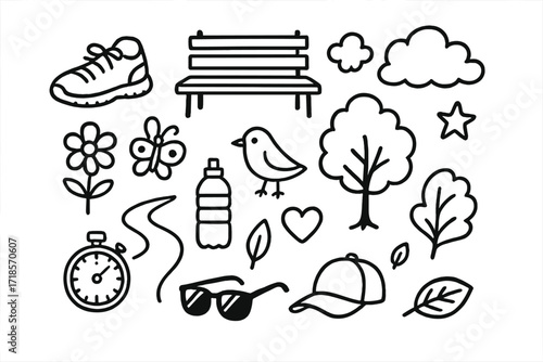 Park Walk Doodle. Hand-drawn doodle illustration park walking shoe, bench, tree, flower, butterfly, bird, water bottle, cap, sunglasses, cloud, path,