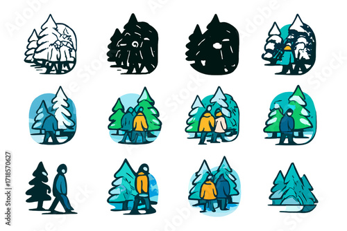 Snowy Forest Logo. Set Logo of people walking in a snowy forest: couple in winter coats walking under snow-covered pines. Logo set in vector style, emblematic