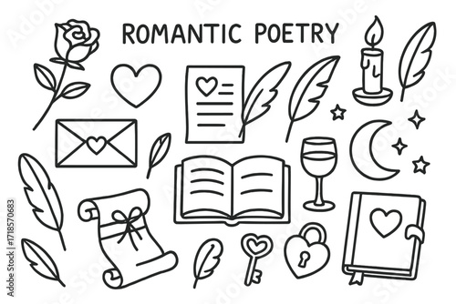 Love Symbols Doodle. Hand-drawn doodle illustration romantic poetry rose, heart, quill, candle, love letter, envelope, open book, moon, stars, cup of wine,