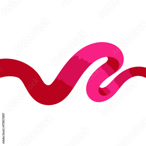 A flowing ribbon of vibrant red and pink hues gracefully curves across a clean white background, creating a dynamic and abstract visual element.