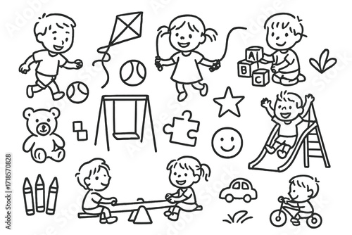 Playful Siblings Doodles. Hand-drawn doodle illustration siblings playing together ball, kite, jump rope, toy blocks, teddy bear, swing, slide, seesaw, puzzle