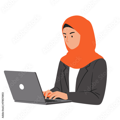 A professional Muslim woman in an orange hijab and a dark blazer, focused on typing and working on a laptop.