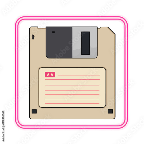 A retro-style illustration of a floppy disk, outlined by a pink neon light.