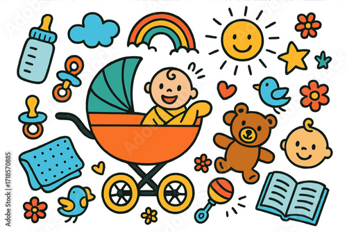Playful Baby Stroller Doodles. Colorful Hand-drawn doodle Children illustration Stroller Walk [stroller, baby bottle, pacifier, blanket, teddy bear, sun,