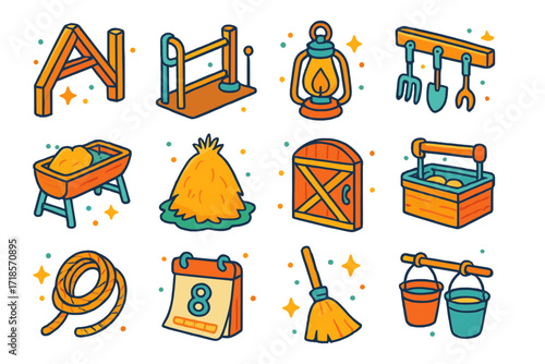 Barn Interior Icons. Colorful isometric vector icons set of barn interiors: wooden beams, milking stall, hanging lantern, cow feeding trough, hay pile, barn