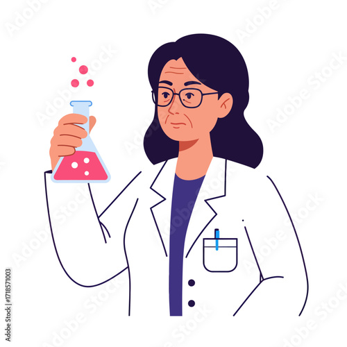 Senior female scientist examining pink liquid in an Erlenmeyer flask.