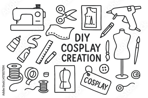 Cosplay Creation Tools. Hand-drawn doodle illustration [DIY cosplay creation] [sewing machine, scissors, fabric, pattern, glue gun, pencil, sketch, ruler,