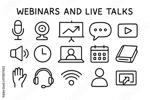 Webinar Elements Doodle. Hand-drawn doodle illustration Webinars and live talks [microphone, webcam, slide deck, chat bubble, video icon, speaker, clock,