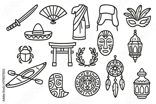Cultural Icon Doodles. Hand-drawn doodle illustration Cultural icons Samurai sword, Chinese fan, Indian sari, Mexican sombrero, Japanese torii gate, African