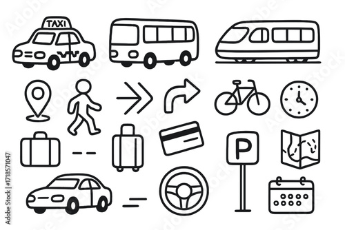 City Transportation Doodles. Hand-drawn doodle illustration city transportation taxi, bus, train, bicycle, walking figure, GPS pin, road arrows, credit card,