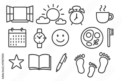 Morning Routine Icons. Hand-drawn doodle illustration day sunrise, sun, clouds, alarm clock, coffee cup, calendar, watch, open window, smiling face, breakfast