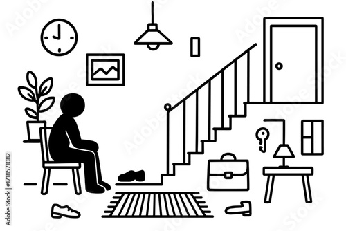 Stairway Waiting Doodle. Hand-drawn doodle illustration Person Waiting at Stairs [person silhouette, chair, staircase, railing, shoes, plant, lamp, framed