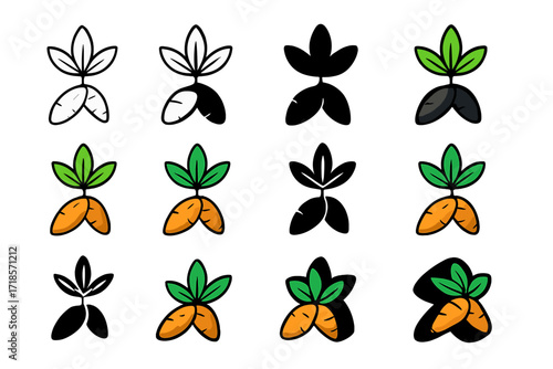Resilient Cassava Logo Grid. Set Logo of Climate-resistant crops: Resilient cassava root. Logo set in vector style, emblematic variations. line, bold thick