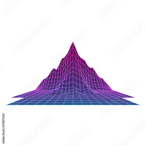 A vibrant, futuristic 3D wireframe mountain landscape rendered in neon purple and blue hues, set against a clean white background.