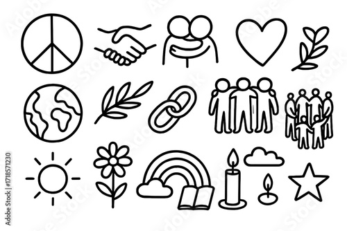 Unity Symbols Doodle. Hand-drawn doodle illustration Unity and friendship peace symbol, handshake, hugging people, heart, globe, olive branch, chain links,