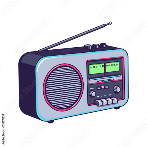 Retro-style illustration of a vintage portable radio with colorful accents.