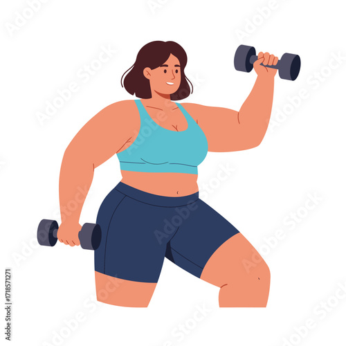 Curvy woman lifting dumbbells, illustration of healthy lifestyle.