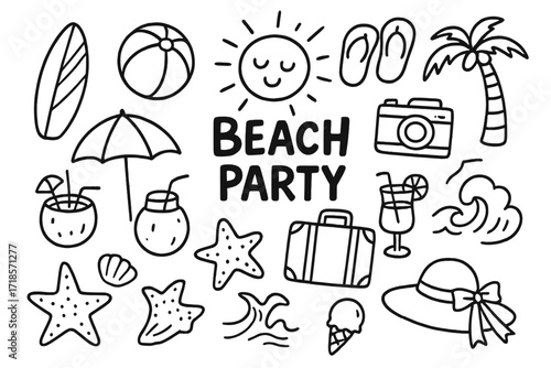 Beach Travel Doodles. Hand-drawn doodle illustration Beach travel party surfboard, beach ball, flip flops, umbrella, coconut drink, starfish, seashell, sun,