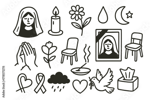 Mourning Ritual Doodles. Hand-drawn doodle illustration mourning rituals veil, candle, flower, teardrop, chair, prayer hands, heart, framed image, incense,