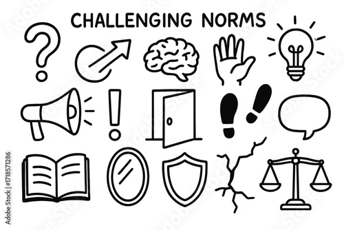 Challenging Norms Doodle. Hand-drawn doodle illustration Challenging norms [question mark, arrow breaking circle, brain, raised hand, lightbulb, megaphone,