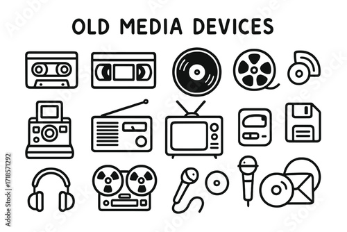 Retro Media Icons. Hand-drawn doodle illustration Old Media Devices [cassette tape, VHS tape, vinyl record, film reel, Polaroid camera, radio, CRT TV, floppy