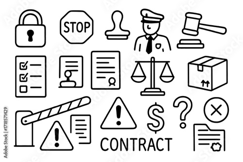 Trade Barriers Icons. Hand-drawn doodle illustration trade barriers and regulations lock, stop sign, paper stamp, customs officer, gavel, checklist, document,