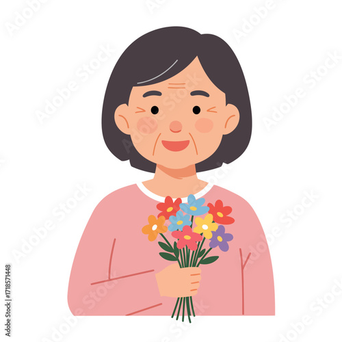 An illustration of a smiling senior woman with short dark hair, holding a small, vibrant bouquet of colorful flowers.