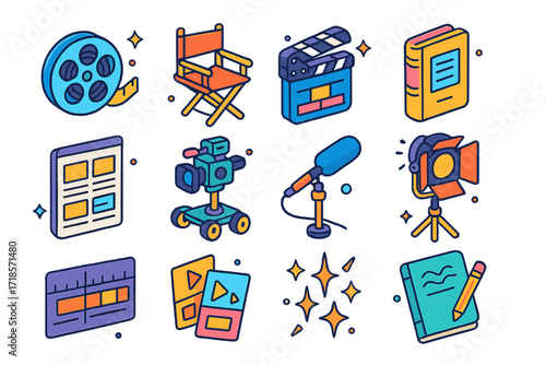 Cinematic Storytelling Icons. Colorful isometric vector icons set of cinematic storytelling: film reel, director?s chair, clapperboard, movie script,