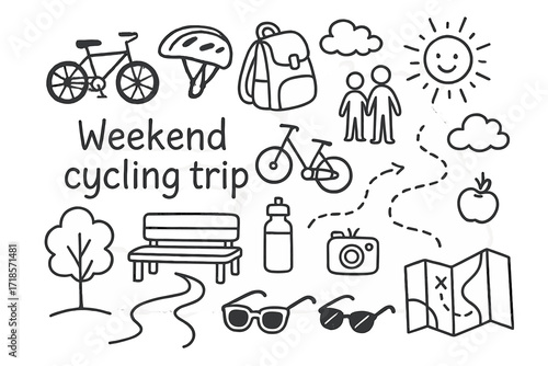 Weekend Cycling Adventure. Hand-drawn doodle illustration Weekend cycling trip child bike, helmet, backpack, family icon, bike trail, sun, clouds, water