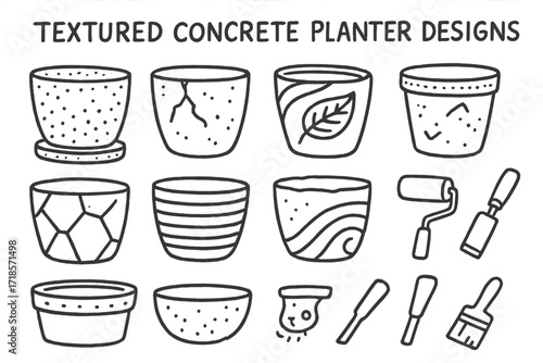 Concrete Planter Illustrations. Hand-drawn doodle illustration [Textured concrete planter designs] [speckled surface, cracked texture, spiral groove, leaf