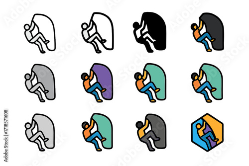 Rock Climber Logos. Set Logo of Rock Climber: Climber bouldering on rock. Logo set in vector style, emblematic variations. line, bold thick line, solid black