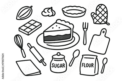 Chocolate Pie Doodle. Hand-drawn doodle illustration chocolate pie slice chocolate bar, cocoa bean, whipped cream, plate, fork, pie tin, oven mitt, whisk,