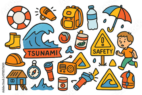 Tsunami Safety Essentials. Colorful Hand-drawn doodle Children illustration Tsunami safety [wave, lifebuoy, whistle, backpack, bottled water, canned food,